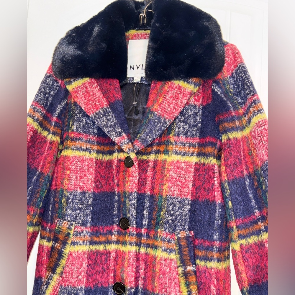 Anthropology NVLT Navy and Red Plaid Coat with Faux fur Collar new! - Picture 12 of 13